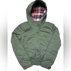 Women Love Tree Green Quilted Bomber Hooded Jacket Medium Plaid Button Full Zip‎